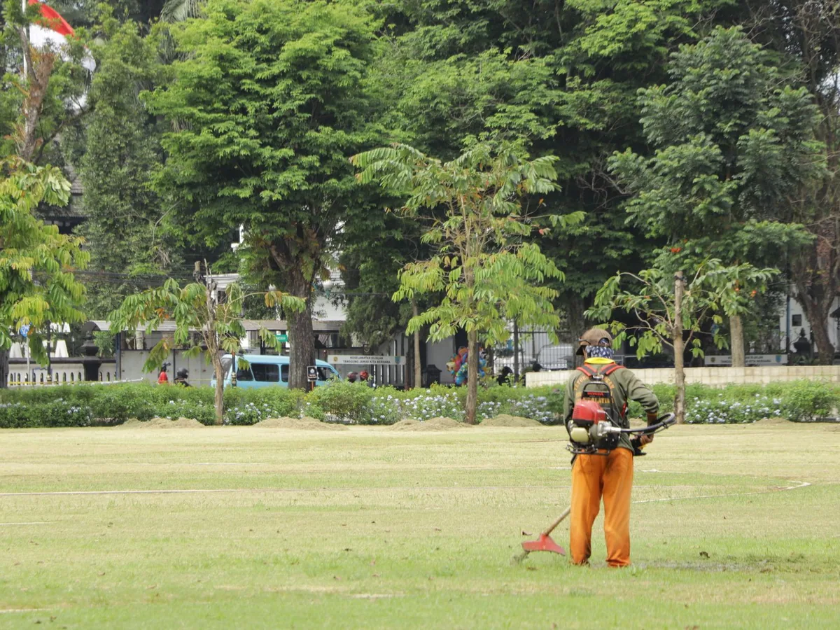 Grounds maintenance worker cutting grass in a green park